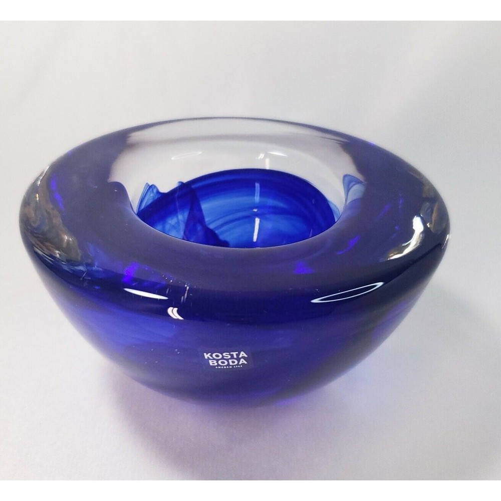 Art Glass Bowl KOSTA BODA Cobalt Blue Swirled Handblown Candle Tea Light Holder